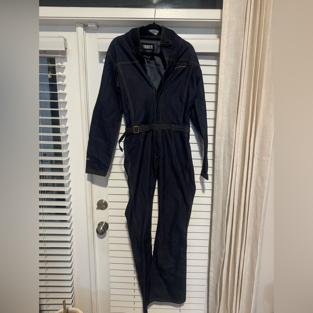 Dark Denim Jumpsuit with Yellow Stitching